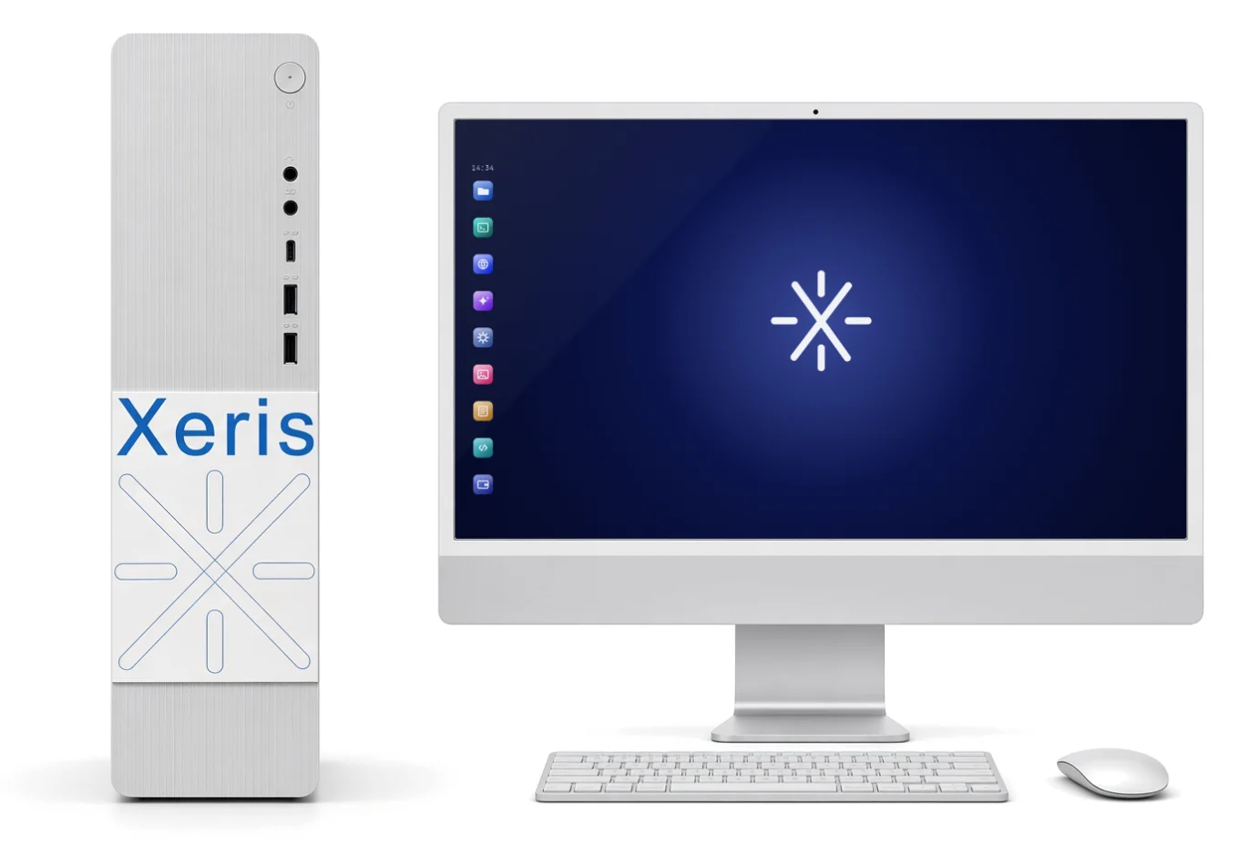 The Xeris Computer on a desk beside a display showing its desktop